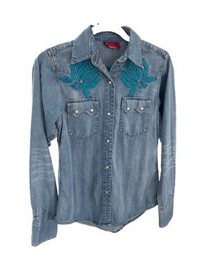 WESTERN DENIM BANK Shirt L Womens Pearl Snap Blue Jean Embroidered Rose Studded